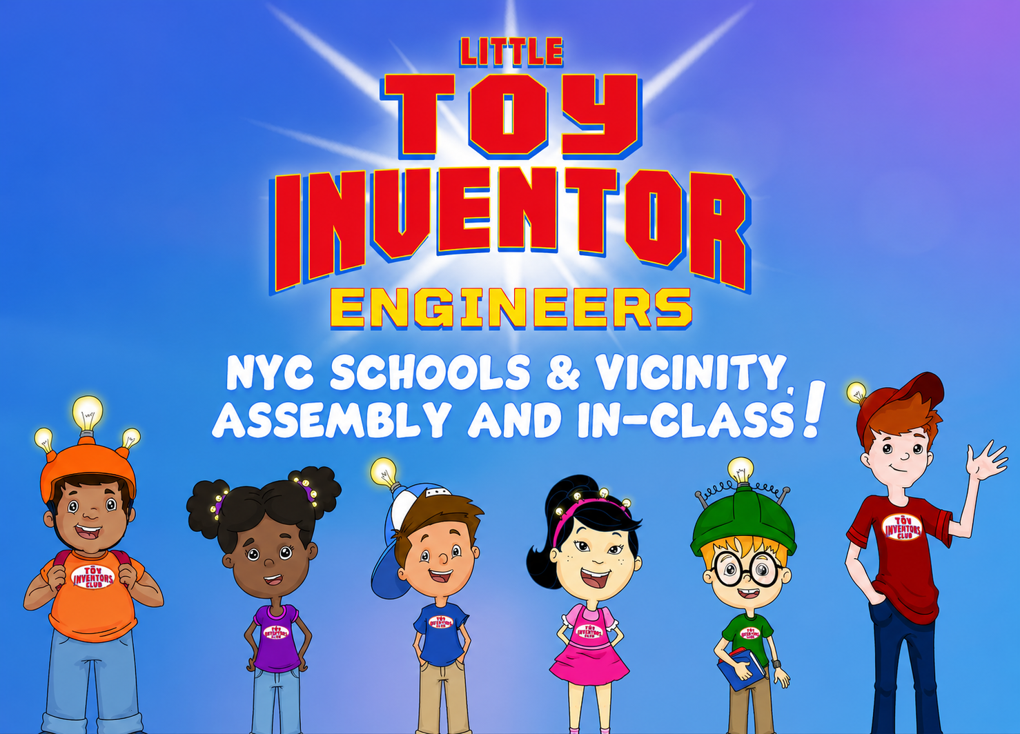 Cartoon kids promoting toy inventors event