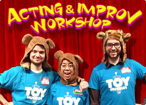 People in bear hats at improv workshop.